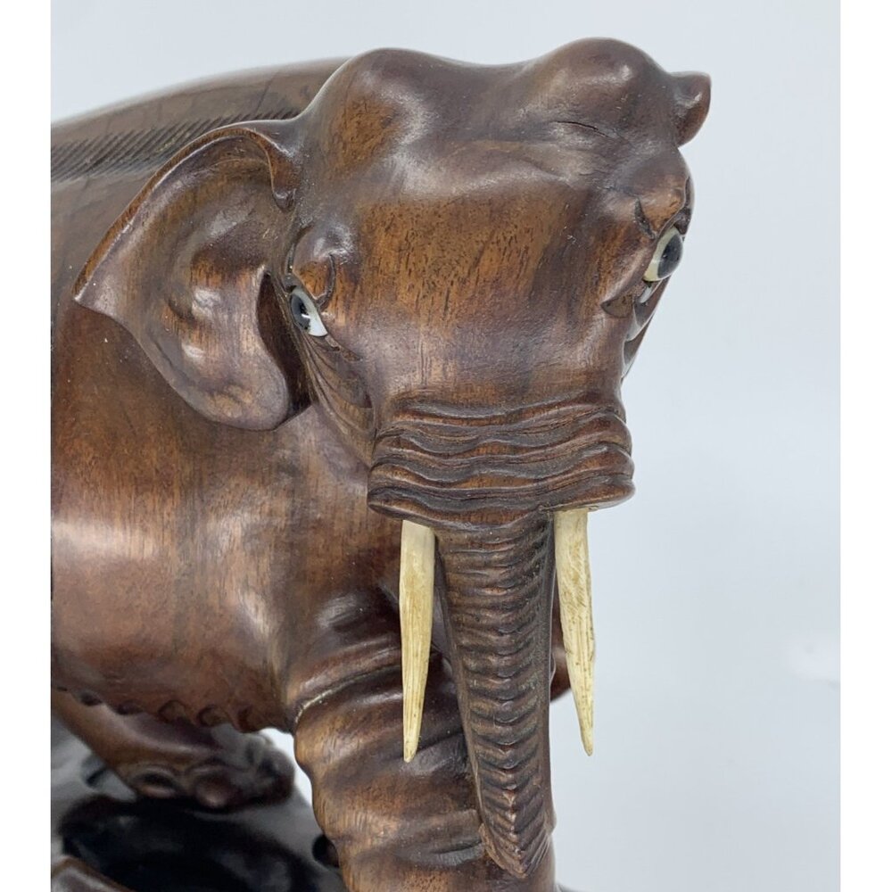Vintage Thai Hand Carved Teak Wood Elephant Statue w Carved Base 6.5" Hard Wood - Picture 2 of 15